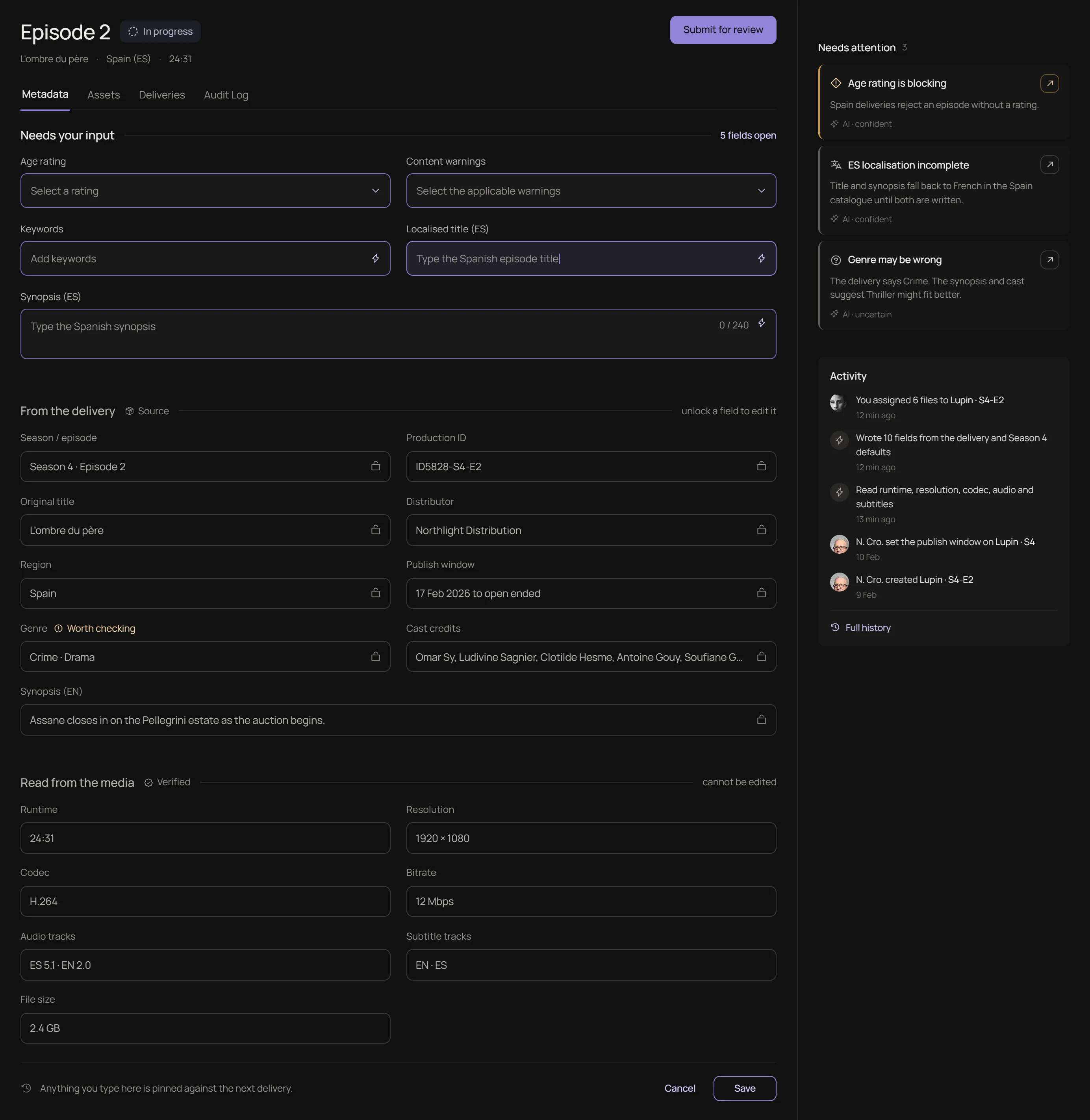 Episode 2 metadata page: fields that need input, fields from the delivery, and values read from the media